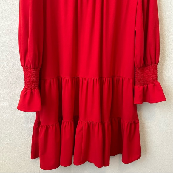Tuckernot Pomander Place Red Crepe Kenzo Ruffle via-neck long sleeve Dress Sz L - Picture 14 of 16